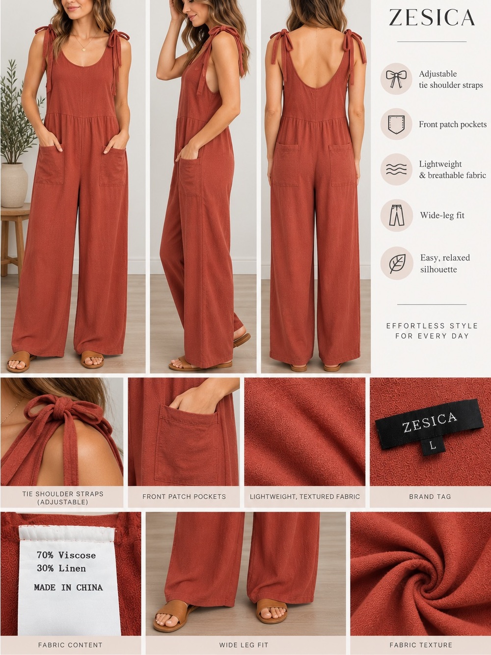 Zesica Rust Tie-Shoulder Wide-Leg Jumpsuit